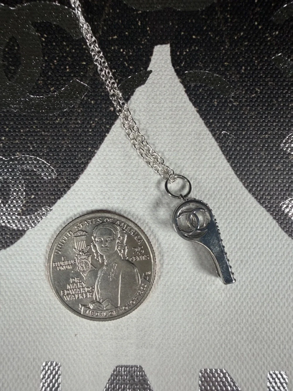 Super Unique Upcycled CC Whistle Rhinestone Charm on 18” 925 Chain - Picture 7 of 7